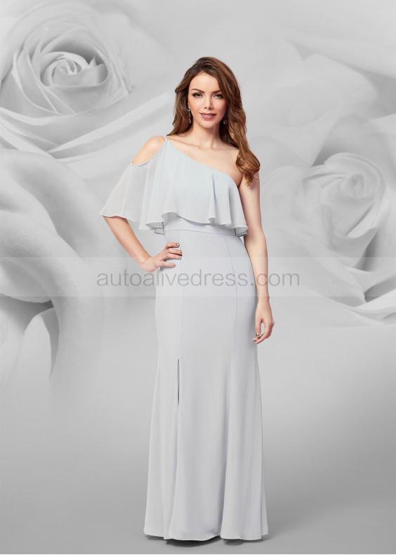 One Shoulder Gray Chiffon Slit Bridesmaid Dress